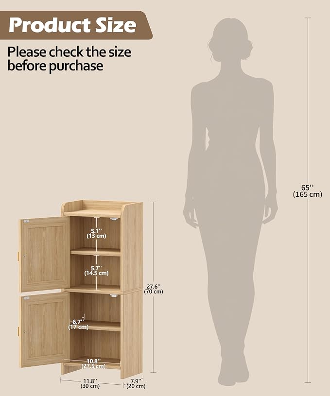 Akxomel Rattan Small Bathroom Cabinet Narrow Toilet Paper Organizer Oak | 7.9''D x 11.8''W Bathroom Organizer and Storage Cabinet for Small Space, Slim Corner Unit with Adjustable Shelf
