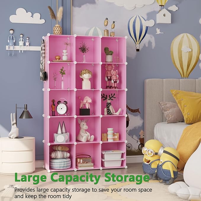 C&AHOME 16 Cube Storage Organizer Cube Shelves Units Storage Cubes, Pink | Plastic DIY Closet Organizer, Stackble Modular Closet Storage Shelves Ideal for Home, Bedroom, 48.4" L × 12.4" W × 48.4" H