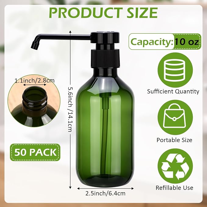 50 Pack Plastic Soap Dispenser Bulk Empty Pump Bottles Dispenser with Long Pump 10 oz Refillable Dish Soap Hand Washing Bottles Lotion Bottle for Kitchen Bathroom(Transparent Green)