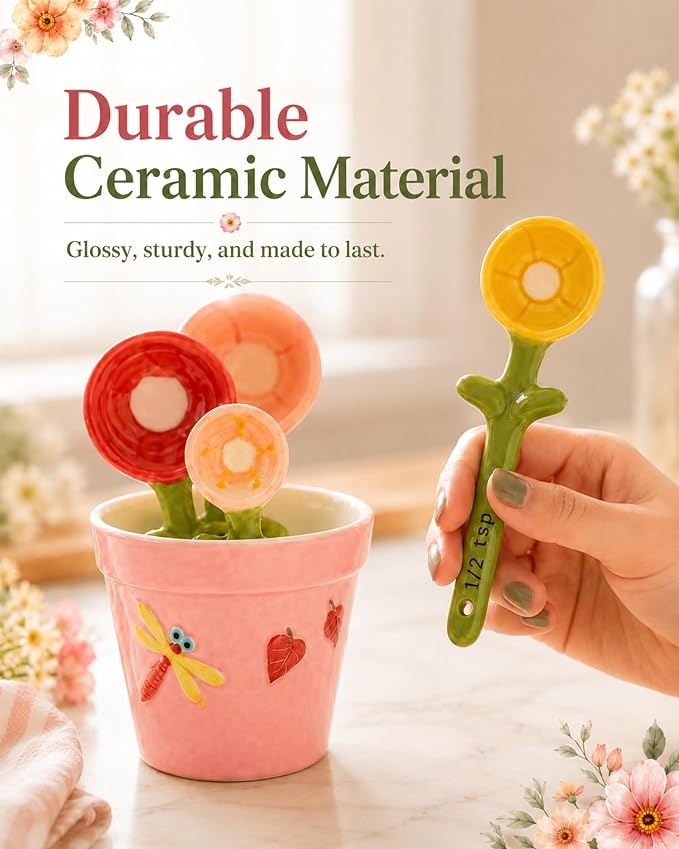 Flower Pot Ceramic Measuring Spoon Set, 5PCS Cute Spoons Cups with Base, Ceramic Baking Measuring Spoons with Holder for Dry & Wet Ingredients, Unique Baking Supplies Gift, Dishwasher Safe(Blue*2)