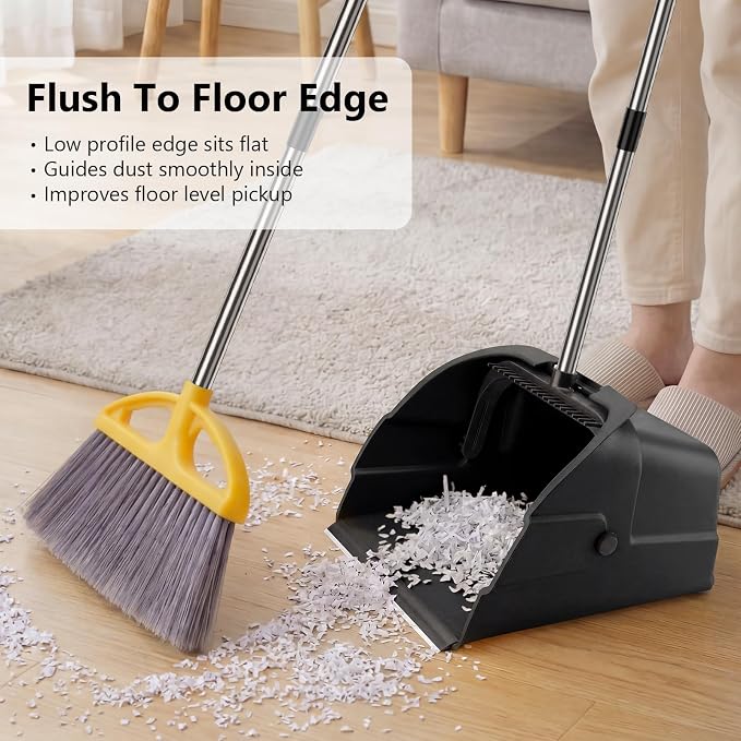 Jumbo Commercial Dustpan with Wheels & Comb Teeth - Heavy Duty 14.2" Rolling Debris Pan - Long Handle Extra Large Upright Dust Pan for Industrial Warehouse Garage Restaurant Sidewalk Outdoor - Black