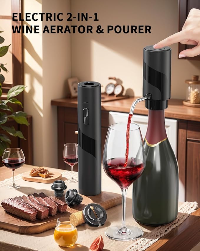 CIRCLE JOY Electric Wine Bottle Opener Set Rechargeable 6-in-1 Wine Set with Foil Cutter, Electric Wine Opener, Electric 2-in-1 Wine Aerator & Pourer, Electric Vacuum Pump and 2 Wine Stoppers, Black