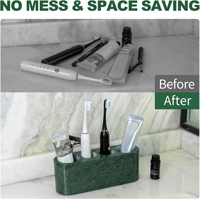 BCS Toothbrush Holder for Bathrooms, 4 Slots Marble Toothbrush and Toothpaste Holder Stand Bathroom Organizer Countertop for Electric Toothbrush, Floss, Razor, Comb - Italy Green