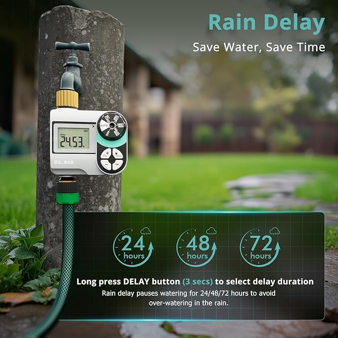QUOBAS Brass Sprinkler Timer, Programmable Water Hose Timer for Garden Hose Faucet with Waterproof HD Screen, Rain Delay/Manual/Automatic Irrigation Watering System for Garden, Lawn, Yard