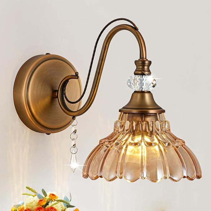1 Piece Vintage Wall Sconce, 1-Light Matte Antique Brass Finish Wall Sconce with Hanging Crystal Accents and Flower-Shaped Amber Shades for Bathroom Bedroom Living Room,Vintage Vanity Light