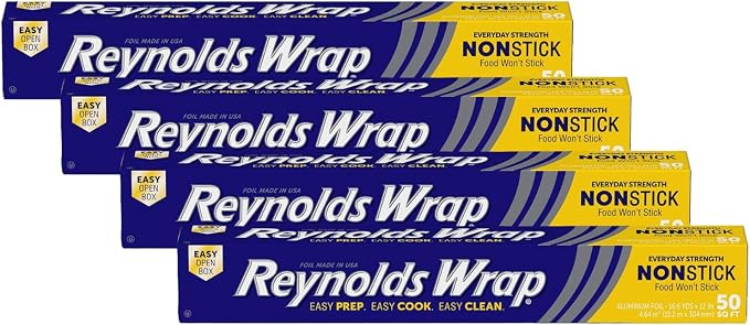 Reynolds Wrap Non-Stick Aluminum Foil, Heavy Duty Kitchen Foil for Easy Prep, Cooking, Baking and Cleanup, Food Storage and Grill Use, 50 Square Foot (Pack of 4)