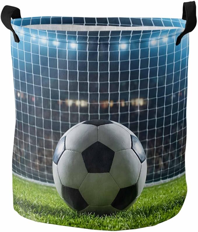 Collapsible Laundry Basket 60L, Football Storage Bin Laundry Hamper with Handles, Soccer Ball Sports Net Mesh Evening Match Waterproof Clothes Baskets for Bathroom/Bedroom 16.5 x 17 In