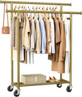 HYSEYY Clothes Rack, Double Rods Rolling Clothing Rack for Hanging Clothes, Portable Garment Rack with Wheels, Coat Rack Wardrobe Closet Load 240 LBS for Bedroom Laundry Room (Glod, L)