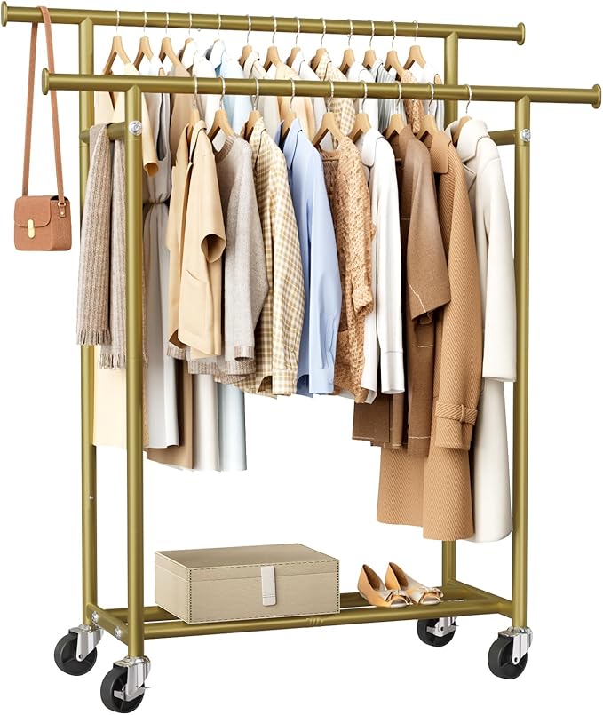 HYSEYY Clothes Rack, Double Rods Rolling Clothing Rack for Hanging Clothes, Portable Garment Rack with Wheels, Coat Rack Wardrobe Closet Load 240 LBS for Bedroom Laundry Room (Glod, L)