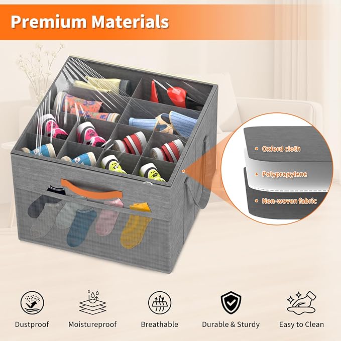 Aokeyee 2 Pack Shoe Organizer for Closet, Stackable Shoe Storage Box, Grey | Fits up to 32 Pairs, Space Saving, Foldable, Shoes Organizer Bin with Clear Cover, 4 Reinforced Handles