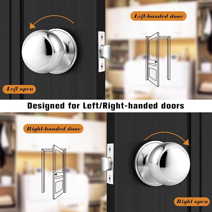 Probrico Polished Chrome Passage Door Knob, Interior Door Lock for Hallway Closet, Keyless Round Ball Knob Handle, No Locking, 1 Pack