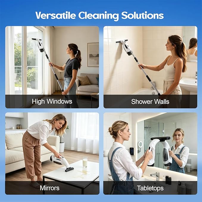 Cordless Window Vacuum Squeegee, 1.8-2 KPA Electric Window Vacuum Cleaner Tool with 0.8-1M Extendable Pole, Silicone Cleaning Scraper, 150ML Water Tank, 2200mAh IPX4, for Shower Glass, Car, Kitchen