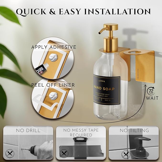 Shower Shampoo Dispenser Wall Mounted – Refillable 16.9 oz Clear Bottle with Stainless Steel Pump & No-Drill Adhesive Holder – Soap Dispenser for Bathroom (1 X Clear/Gold)