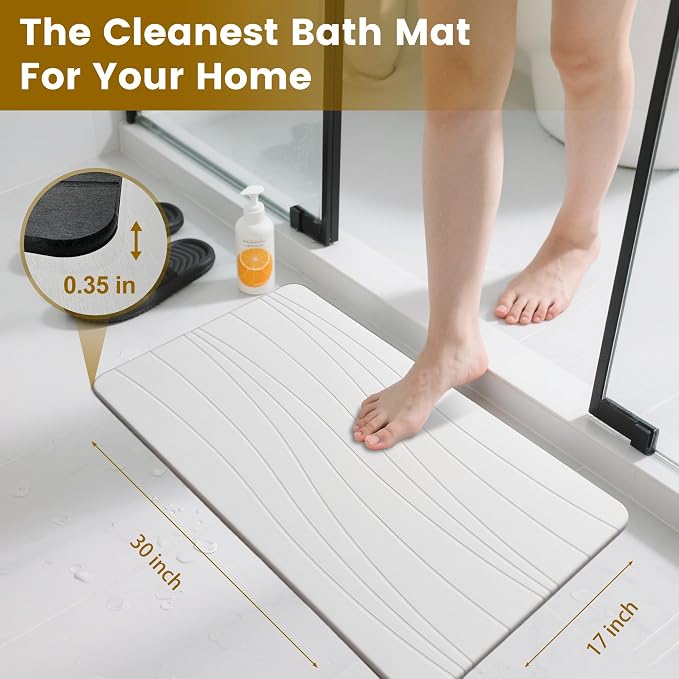 Extra Large Stone Bath Mat, 30'' x 17'' Diatomaceous Earth Non-Slip Stone Shower Mat, Super Absorbent Diatomite Stone Mats for Bathroom White XL Flow