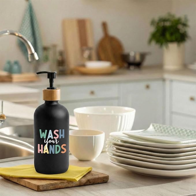 Kids Bathroom Boho Soap Dispenser, Wash Your Hands Bathroom Countertop Hand Soap Dispenser with Pump, Colorful Toddler Decor Handsoap Refillable Glass Pump Bottle Container (Black)