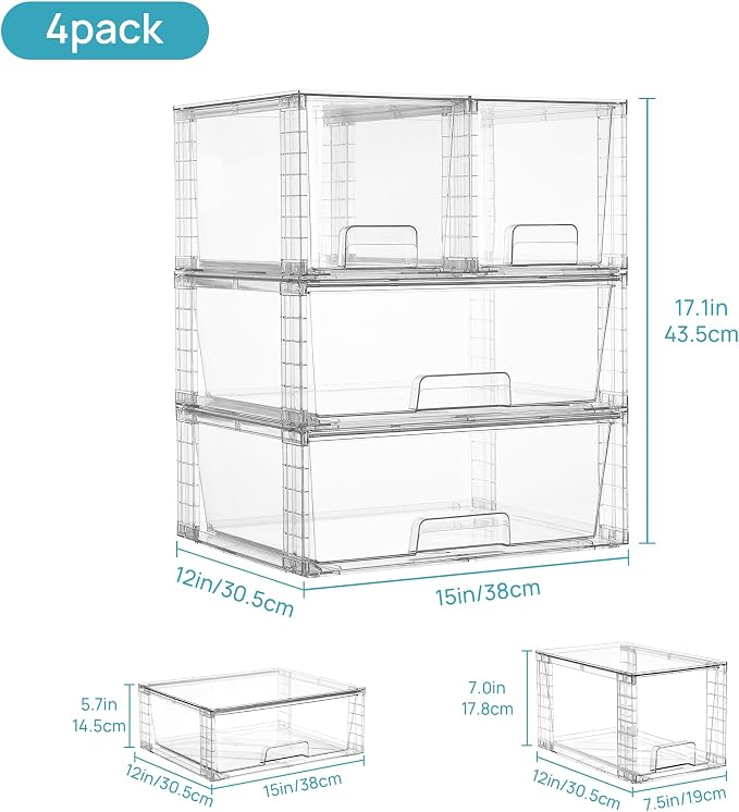 Vtopmart 4 Pack Stackable Storage Drawers, Easily Assemble Clear Plastic Organizer Bins, 2 Wide Drawers and 2 Medium Drawers for Pantry, Kitchen Cabinet, Bathroom, Closet Organization and Storage