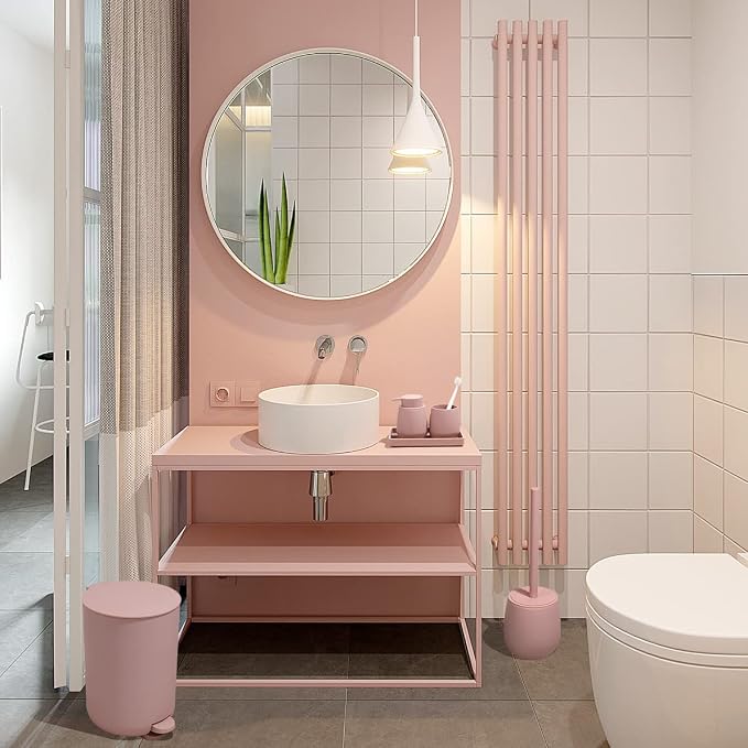 GAHEFY Pink Bathroom Accessories Set with Small Trash Can 3 Liter/0.8 Gallon,Toothbrush Holder,Soap Dispenser,Vanity Tray,Toilet Brush and Holder Pink 5PCS