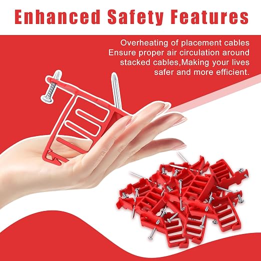 100 Pcs Multi-Cable Staple, Cable Stackers Electrical Wire Stackers, Secures Cable Staples Clips with Steel Nails Suitable Most Cables (Red)
