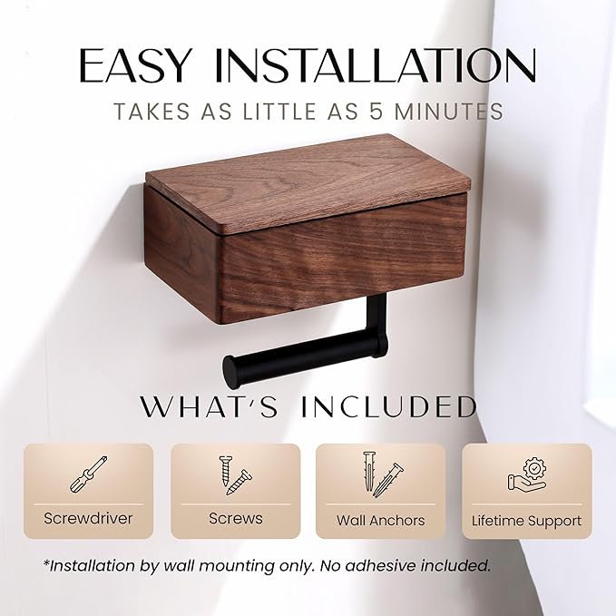Day Moon™ - Toilet Paper Holder with Shelf - Modern Roll Holder for Bathroom - 1 Pack - Wall Mount - with Storage, Wood