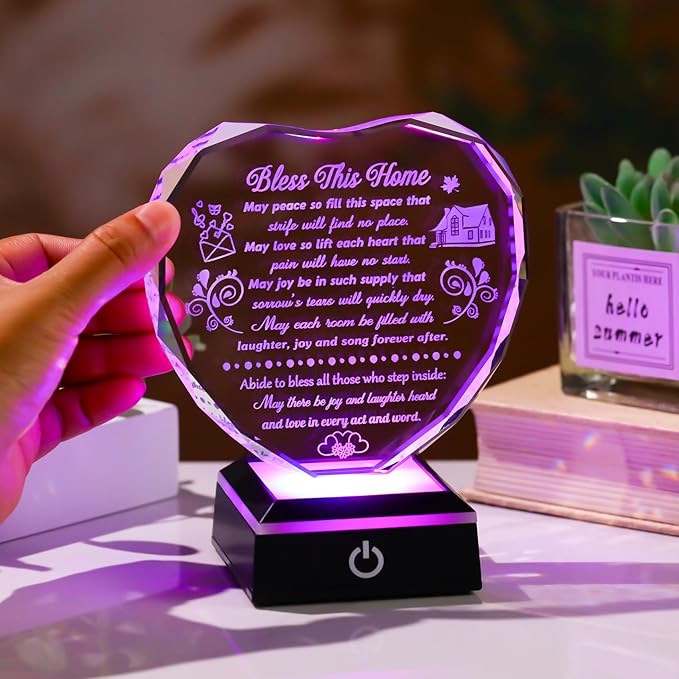 Crystal House Warming Gifts Bless This Home Heart-shaped Plaque with LED Light Base for Women Men Meaningful New Home Gifts Ideas for Family