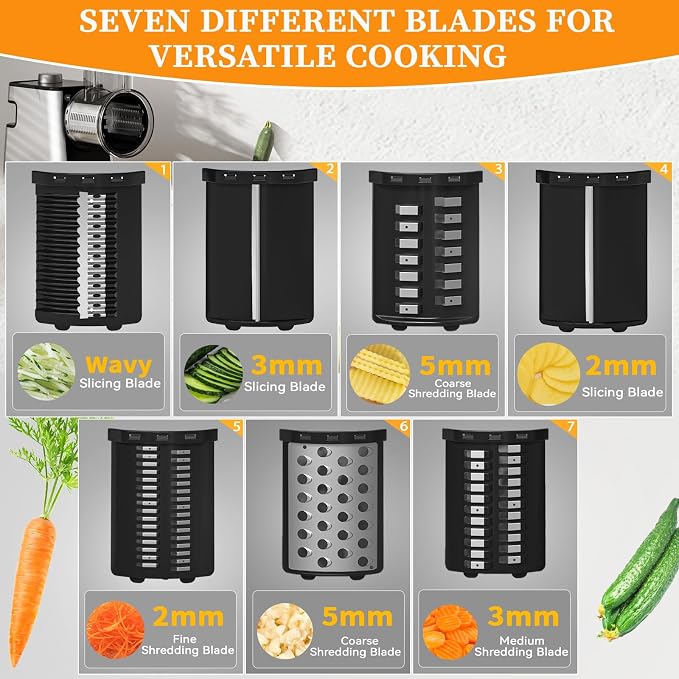 7 in 1 Electric Cheese Grater, 300W Cheese Grater for Block Cheese with 14 Blades, Y Peeler and Brush, Kitchen Automatic Cheese Shredder Electric for Vegetables, Fruits, and Salad