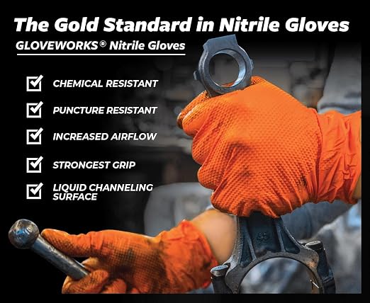 GLOVEWORKS 8 Mil Orange Nitrile Disposable Gloves Heavy Duty Industrial RDT for Mechanic and Automotive, XL Box of 100