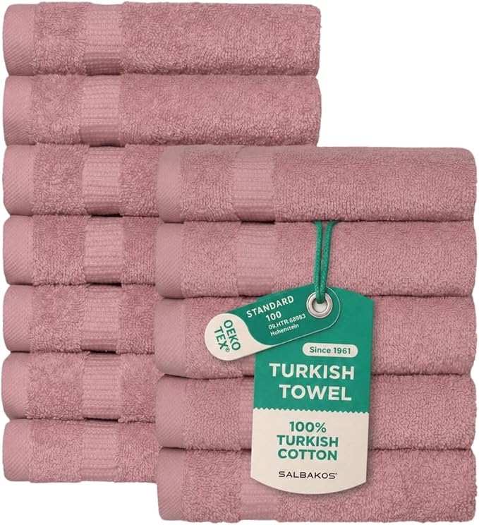 SALBAKOS 12-Piece 100% Turkish Cotton Washcloths and Face Towels, Rose | 13x13 in Standard Size Small Towel, Multi-use Bathroom & Kitchen, Thick Super Soft Absorbent Durable, Oeko-Tex Made in Turkey