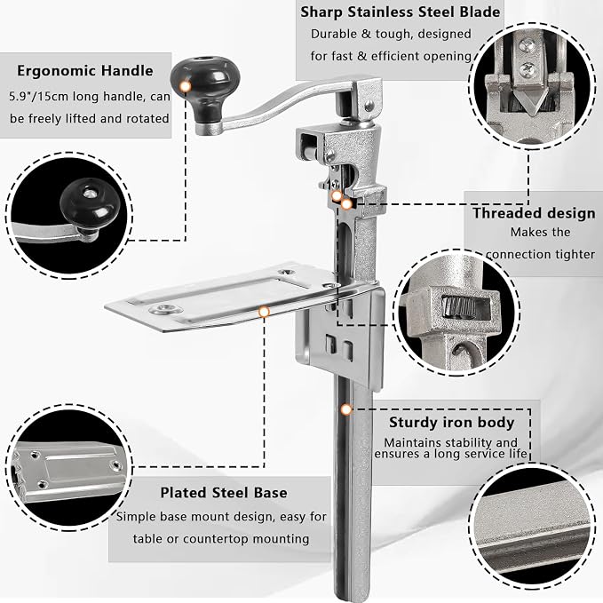 Commercial Can Opener Heavy Duty, Adjustable Manual Opener with 2 Blades | Fits Tall Cans Up To 10 Inches, Manual Opener with Plated Steel Base, Stable Countertop Use for Restaurant, Hotel, Food Store