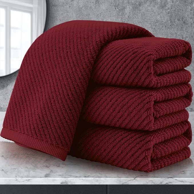 VOOVA & MOVAS Hand Towels 4PC, 100% Cotton, 18x28 in, Burgundy Red | Thick, Quick Dry, Soft, Absorbent, Bathroom Essentials, Suitable For Shower, Spa, Daily Washing