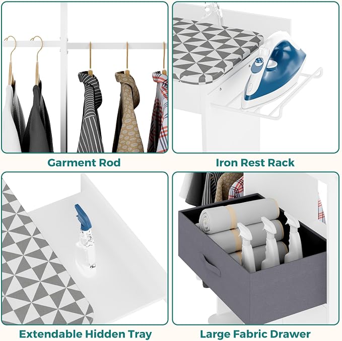 Rolling Ironing Board with Storage Cabinet, Wooden Ironing Board Cabinet with Drawer, Compact Space-Saving Ironing Table with Iron Rest Rack for Laundry Room, Living Room (One Size, Geometric)