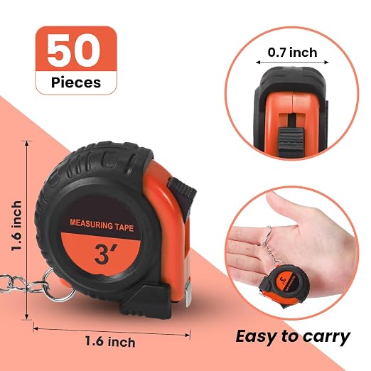 Xuhal 50 Pcs Mini Measuring Tape Keychains Small Measuring Tape Bulk Set 3ft Retractable Measurement with Pause Buttons for Engineer Crafter, Autowind and Lock(Orange)