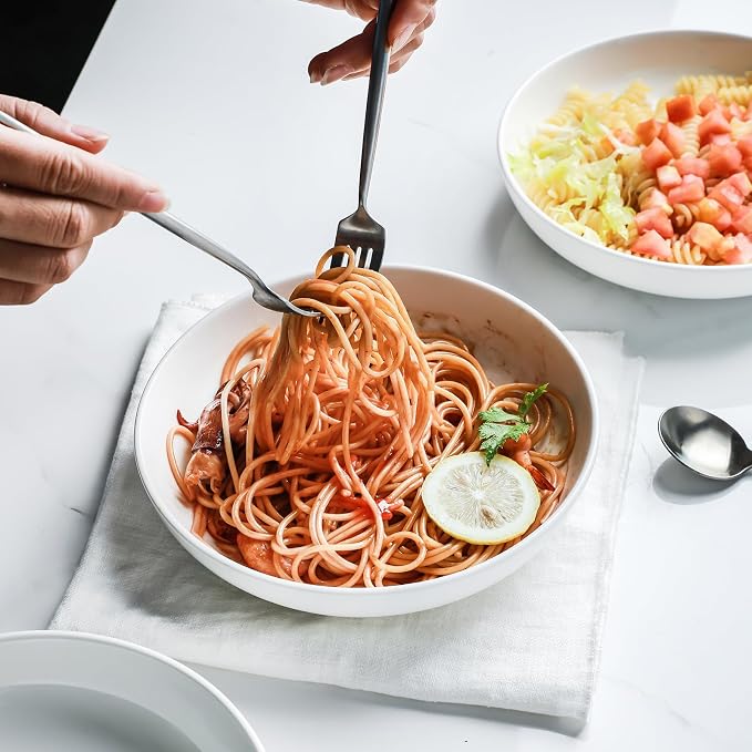Selamica Porcelain 8.6 inch Salad Pasta Bowls, 34 OZ Bowls Plates, Wide and Shallow Serving bowls, Microwave & Dishwasher Safe, Sturdy & Stackable, Set of 6(White)