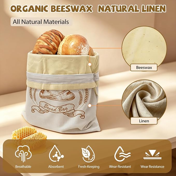 Large Linen Beeswax Bread Bags(1 Pack) Sourdough Bread Bags Reusable Double-Lock Freezer Baking Container Gift Giving for Homemade,Loaf,Sourdough,Food Storage(Artisan Bread Sketch Print, 1Pack)