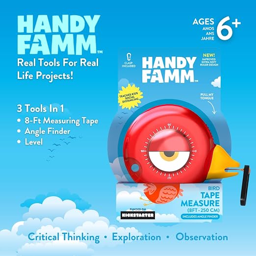 Handy Famm Kids Tape Measure – 8ft Red Bird Retractable Measuring Tape with Level & Protractor, STEM Montessori Tool, Toddler Safe, Gift for Boys & Girls Ages 3+