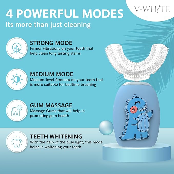 V-WHITE Kids Auto Brush Ultrasonic U-Shaped Toothbrush – 360° Teeth Cleaning, Hands-Free Electric Autobrush for Kids – Gum Protection, Waterproof IPX7, Wireless Charging (Blue)