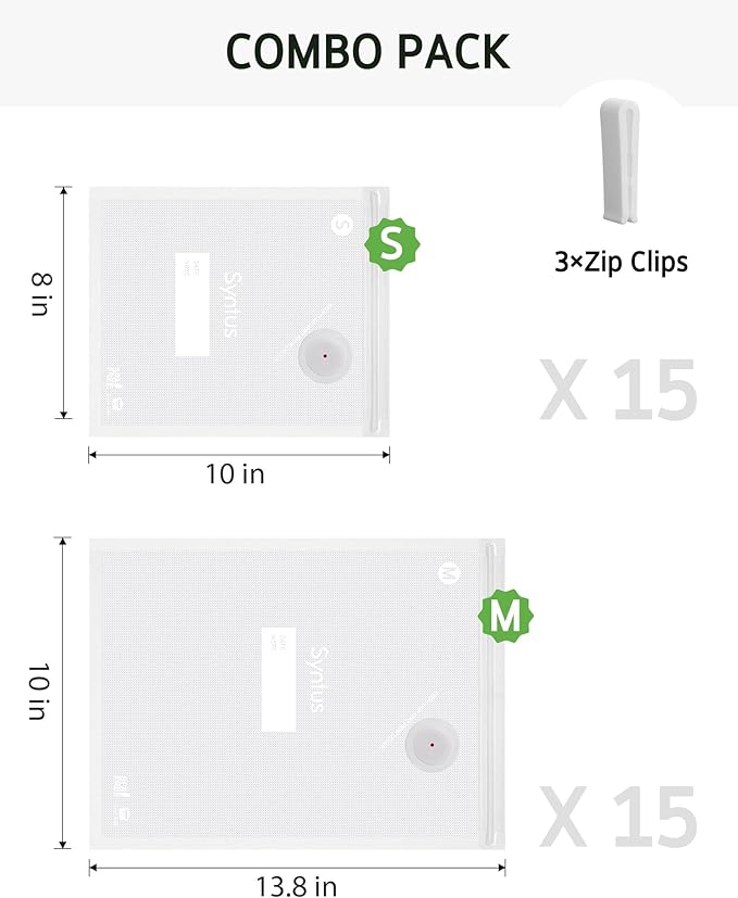 Syntus 30 Pcs Reusable Vacuum Sealer Bags for Food, 8"x10"+10"x13.8" (S+M) | Upgraded Air Valve, Microwave Sous Vide Freezer Meal Prep, Leak-Proof, Food Storage Zipper Bags, for Compact Vacuum Sealer