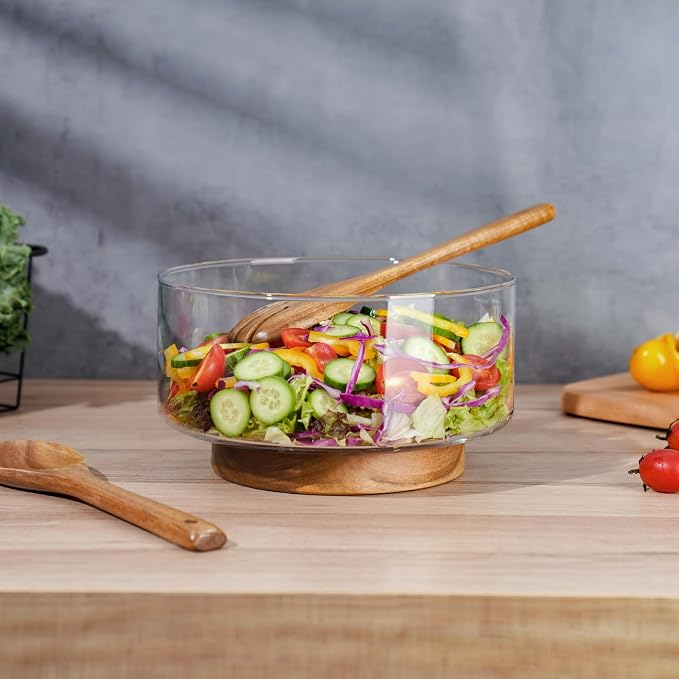 NiHome Glass Salad Bowl with Acacia Wood Salad Tongs, Large Capacity Design with Enhanced Stability, Versatile Serving Dish for Salads, Fruits, Ideal for Gatherings & Daily Family Dining