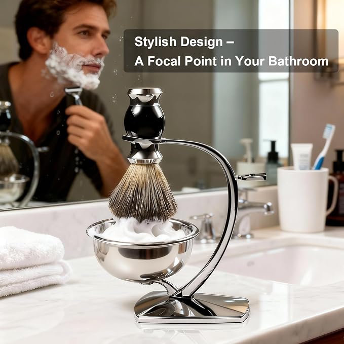 GRUTTI Shaving Bowl, Stand and Brush Set - 3-Piece Magnetic Base Bowl, Chrome Alloy Stand & Synthetic Brush | Razor Not Included