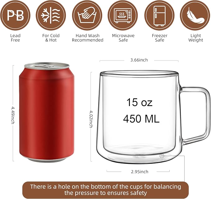 CNGLASS 15oz(4-pack) Double Walled Glass Coffee Mugs,Large Insulated Glass Mugs with Handle,Clear Coffee Cups for Espresso,Latte,Cappuccino,Tea