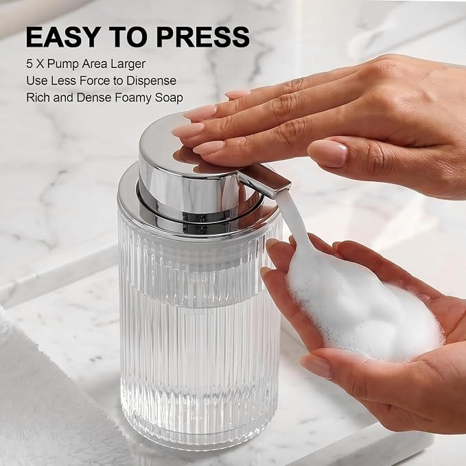KASUNTING Foaming Soap Dispenser, 11 Fl Oz Clear Glass Foam Hand Soap Dispenser for Bathroom & Kitchen, Refillable Foaming Bottle with Sliver Pump, Modern Ribbed Dish Soap Foam Dispenser