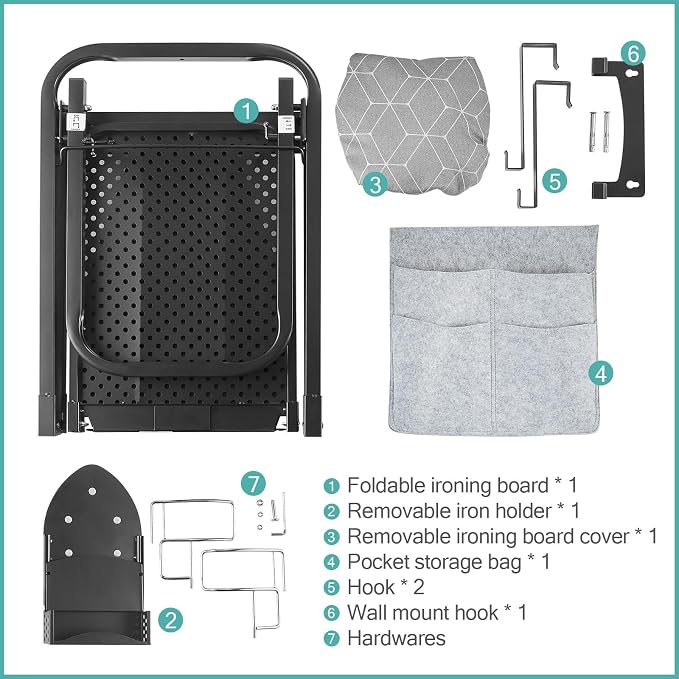 Seiritex Over the Door Ironing Board 14x42 inches with Iron Holder and Pocket Storage Bag, Hanging Iron Board for Home Laundry Room, Black