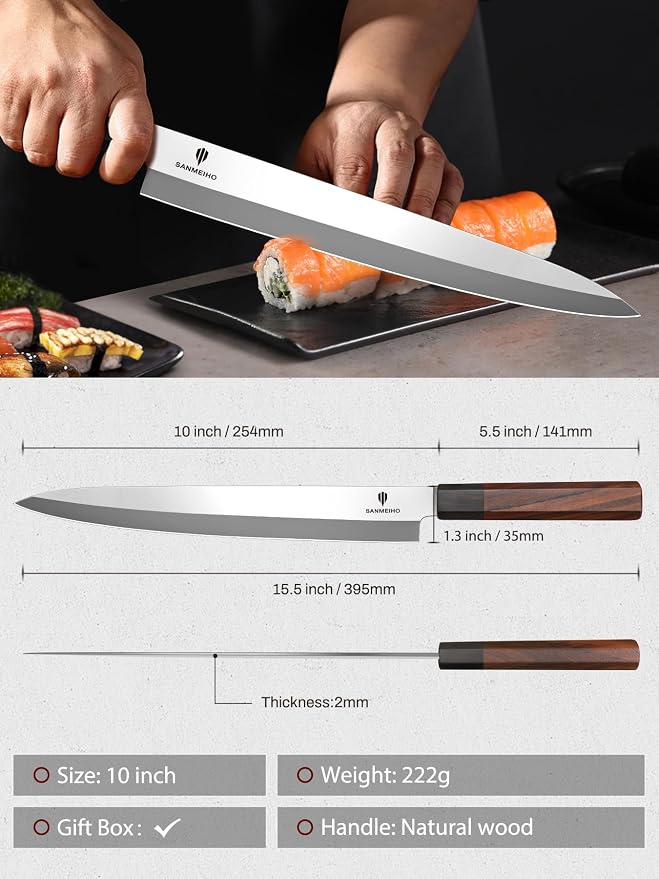 10 Inch Sushi Knife, High Carbon Japanese Steel Sashimi Knife | Japanese Knives for Fish Filleting & Slicing, Sushi Making Knives with Red Sandalwood Handle
