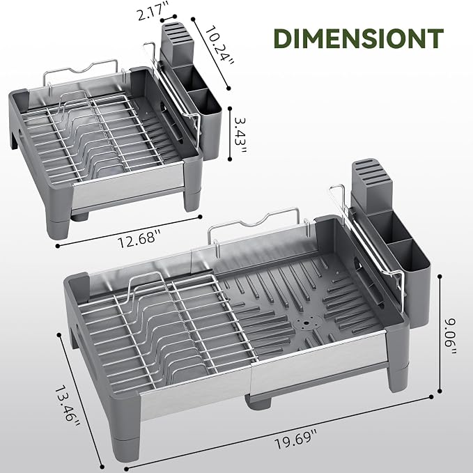 Urackify Expandable Dish Drying Rack, Stainless and Aluminum Frame, Gray | Dish Drainer for Kitchen Counter, Space Saving Kitchen Drying Rack with Movable Utensil Holder, 19.69"L x 13.46"W x 9.06"H