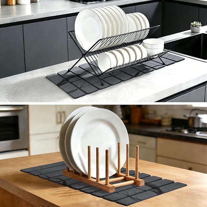 Large Stone Dish Drying Mat for Kitchen Counter, Thin & Light Quick Dry Stone Dishes Mats, Foldable Water Absorbing Diatomite Drying Pad for Kitchen Bathroom Sink Countertop (Gray Ink 24"×16" & 8"x4")