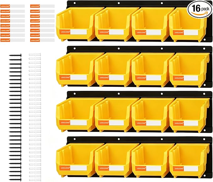 16pc Wall-Mounted Storage Organizer Set with Metal Rails Yellow | Heavy duty tool organization box with metal rails. Ext 5"x4"x3" for garage screws nuts bolts.