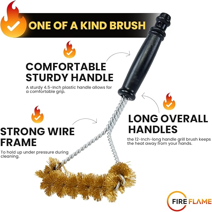 Fireflame BBQ Grill Brush – Non-Scratch Brass Bristles - 12-Inch Long Handle Barbecue Grill Cleaning Brush - Wide-Faced Spiral Heavy-Duty – Made in The USA