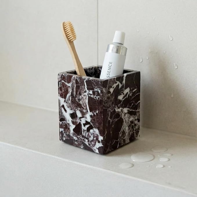 Natural Marble Pen Holder, Square Desk Organizer, Marble Toothbrush Holder, Multi-Functional Makeup Brush Holder, Decorative Storage Cup for Office Vanity Bathroom Kitchen (Rosa Levanto)