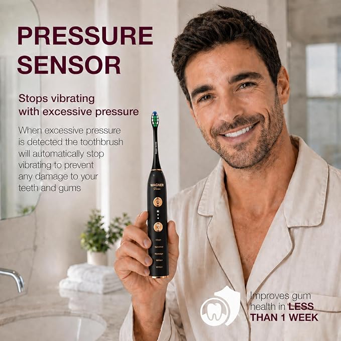 Wagner Stern WHITEN+ Electric Toothbrush, 48,000 VPM, Pressure Sensor, 5 Modes, 8 Brush Heads, Travel Case