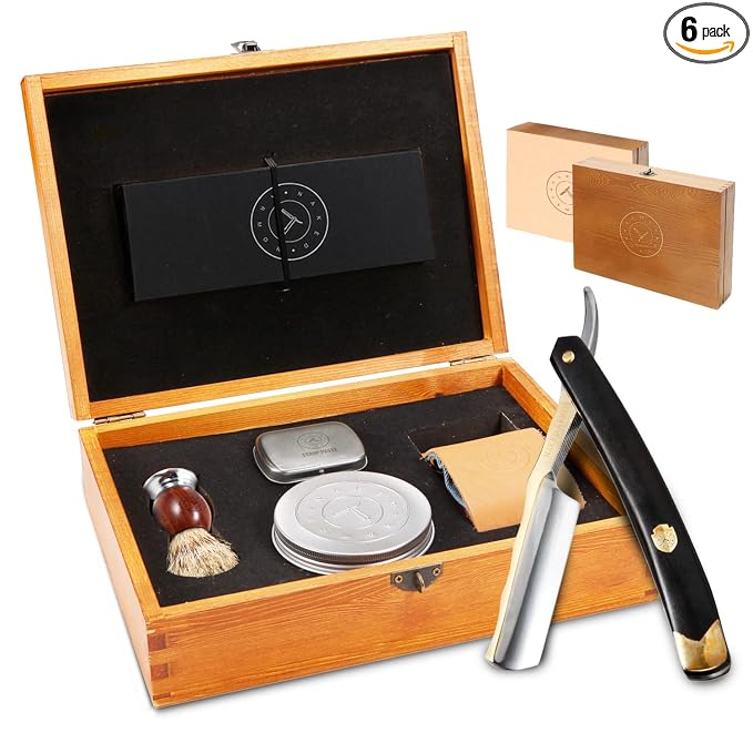 Naked Armor King Arthur Straight Razor Kit, Gold Japanese Stainless Steel | 7-Pc Shave Ready Wet Shaving Kit, 7/8" Barber Straight Edge Razor Set, Strop, Paste, Brush, Soap, Sheath, Box, Gifts for Men