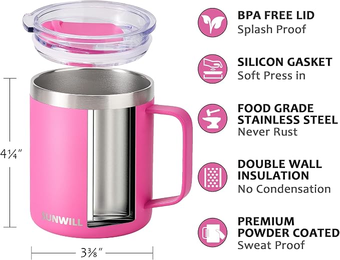 SUNWILL Travel Coffee Mugs Set of 4, Insulated Tumbler with Lid, 14oz Stainless Steel Cup with Handle Bulk for Gift, Camping, Office, Powder Coated Charcoal, Royal Blue, Magenta, Yellow